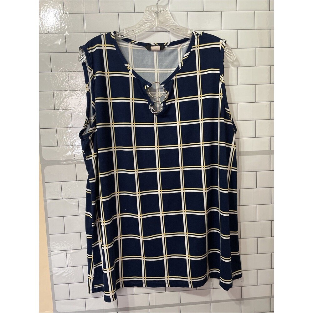 Arabella navy Blue Grid Windowpane Keyhole O-Ring Sleeveless Tank Blouse Top